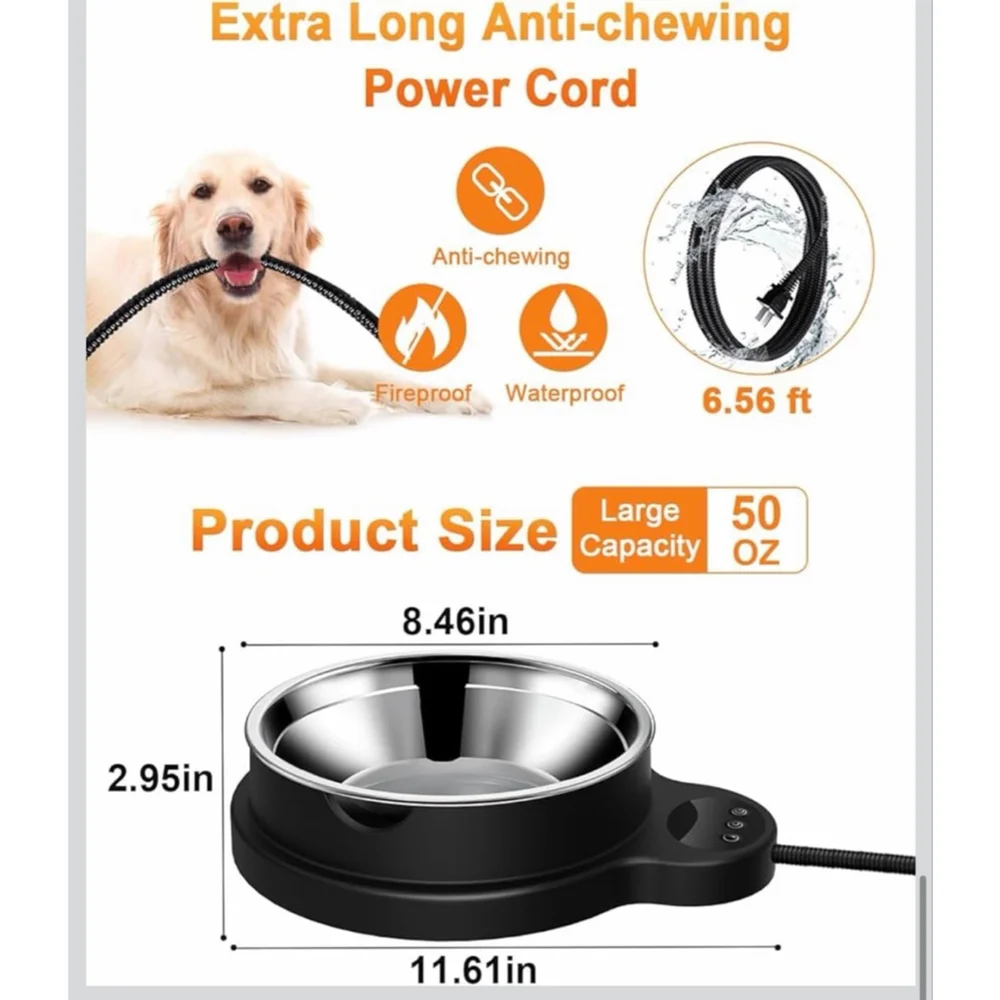 NEW Heated Water Bowl Dog & Cat, 3 Temp Settings 12H Timer Outdoor BPA 50 oz
